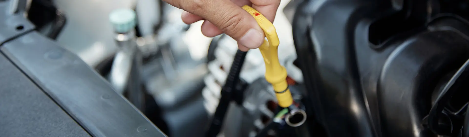 Homem segurando a vareta de medição do óleo do motor.